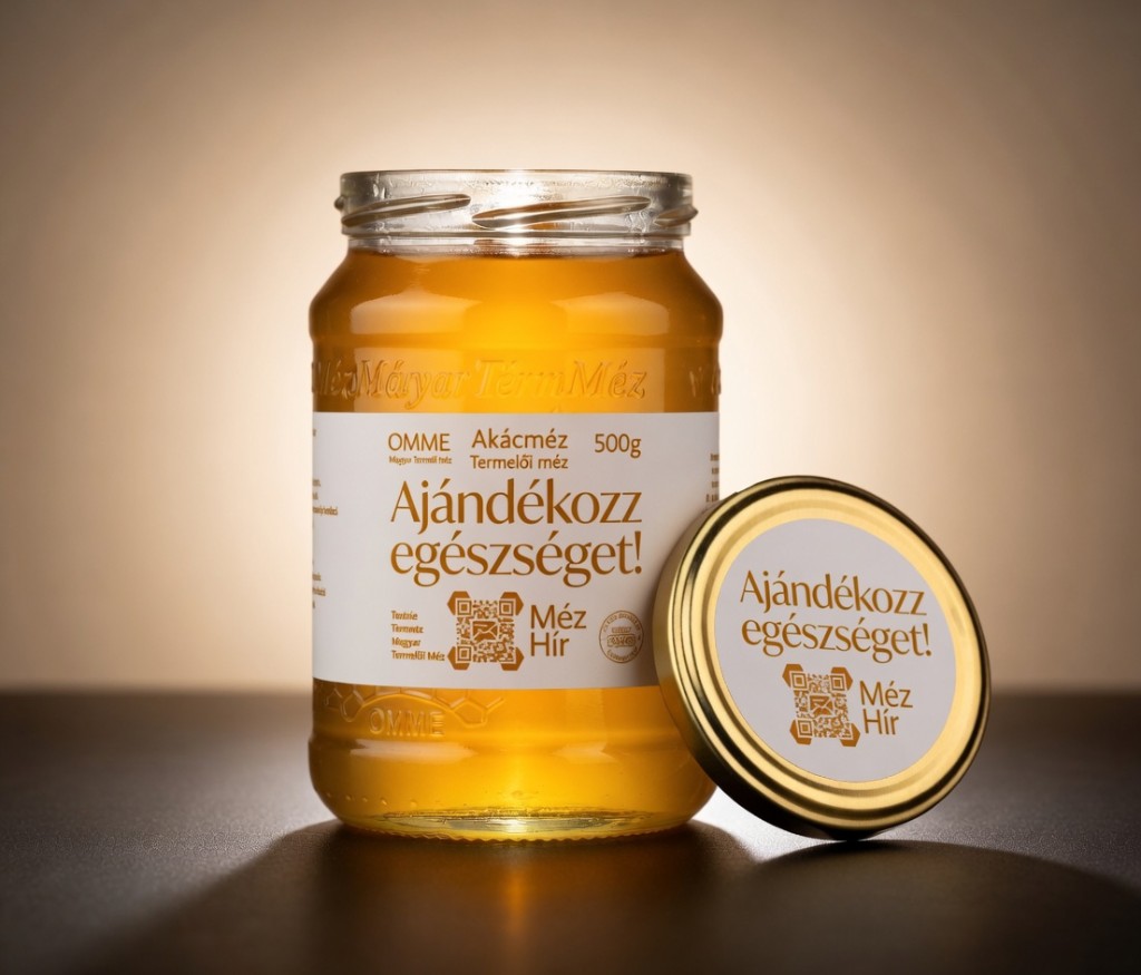 Márkázott mézesüveg akácmézzel, címkével és lapkával